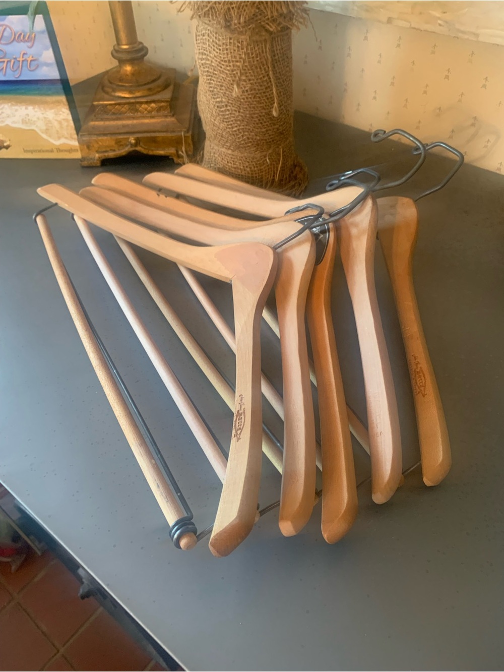 5 NATURAL WOOD suit hangers for MEN with open bar, for suits and pants.